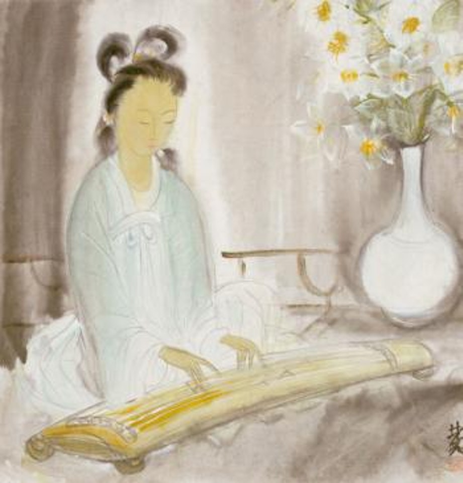Lady playing zither by Lin Fengmian