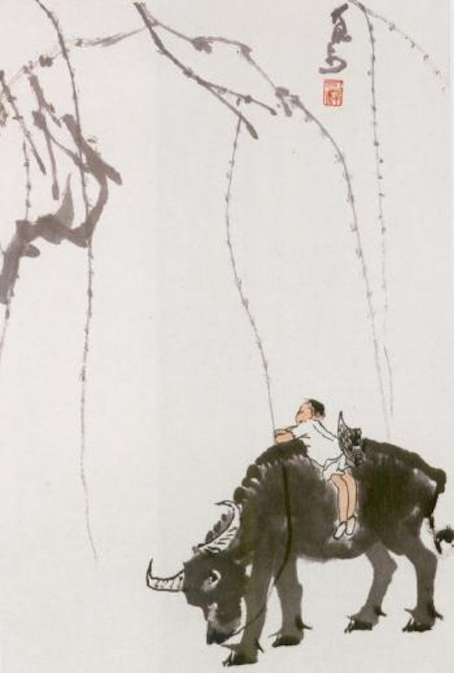 Herding under willow tree by Li Keran