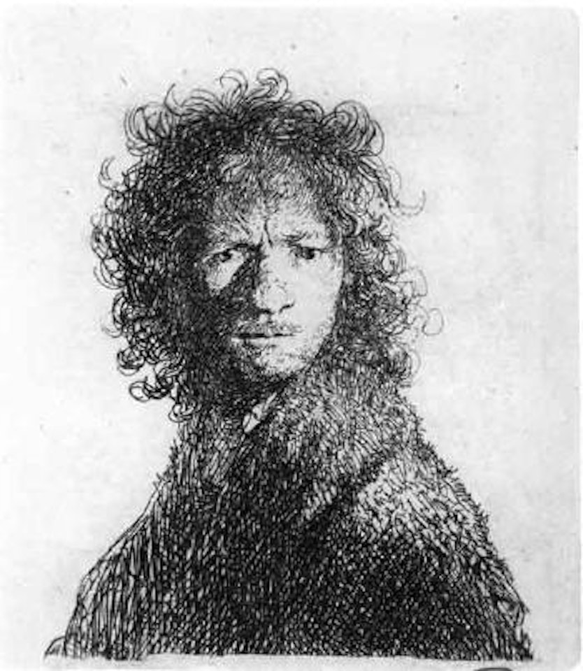 Self portrait frowning by Attributed to Rembrandt Harmensz van Rijn