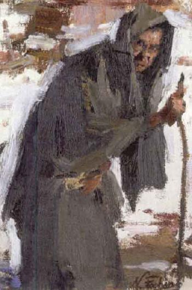 Old woman with walking stick by Nicolai Fechin