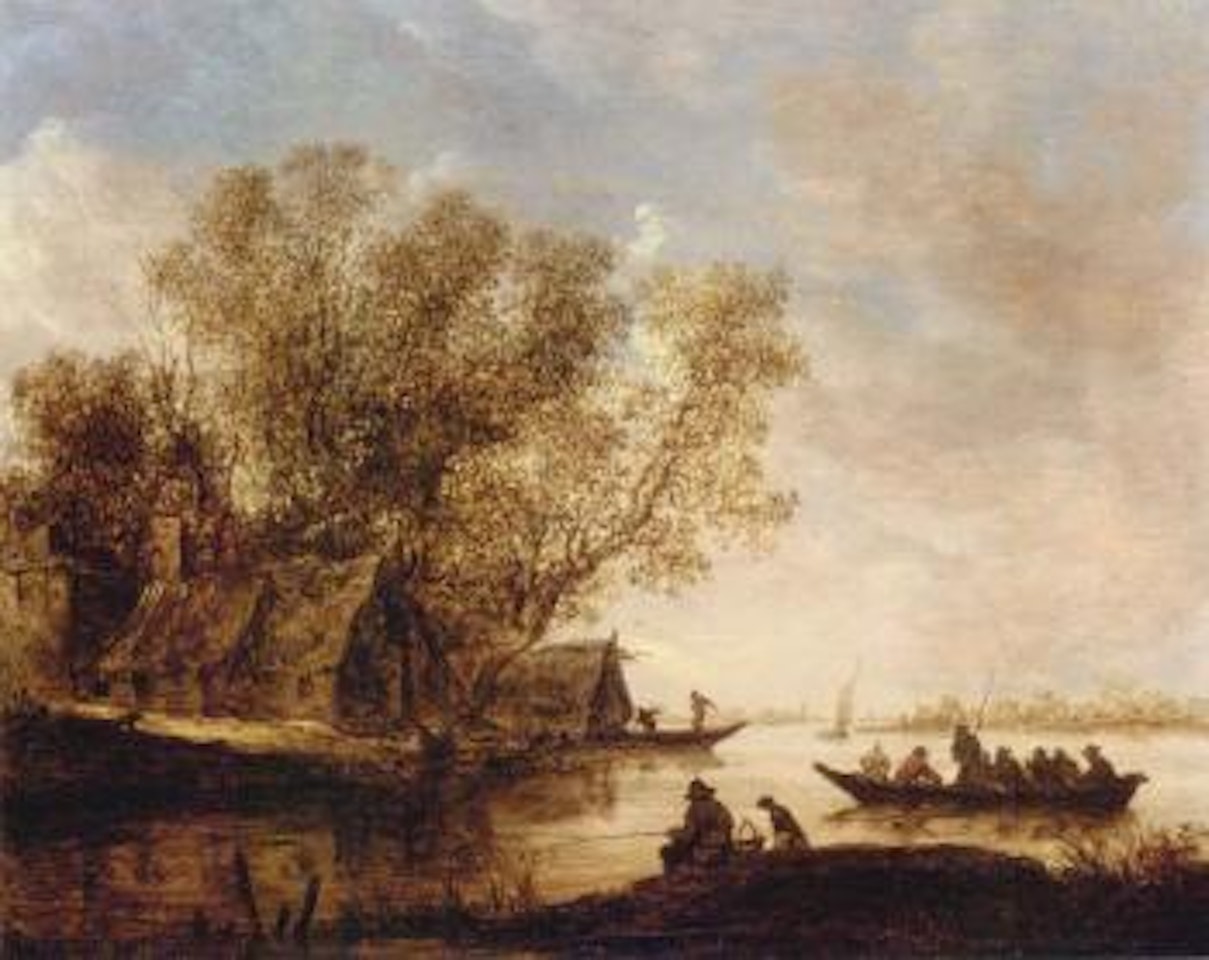 River landscape with fishermen and a cottage on the bank by Jan van Goyen