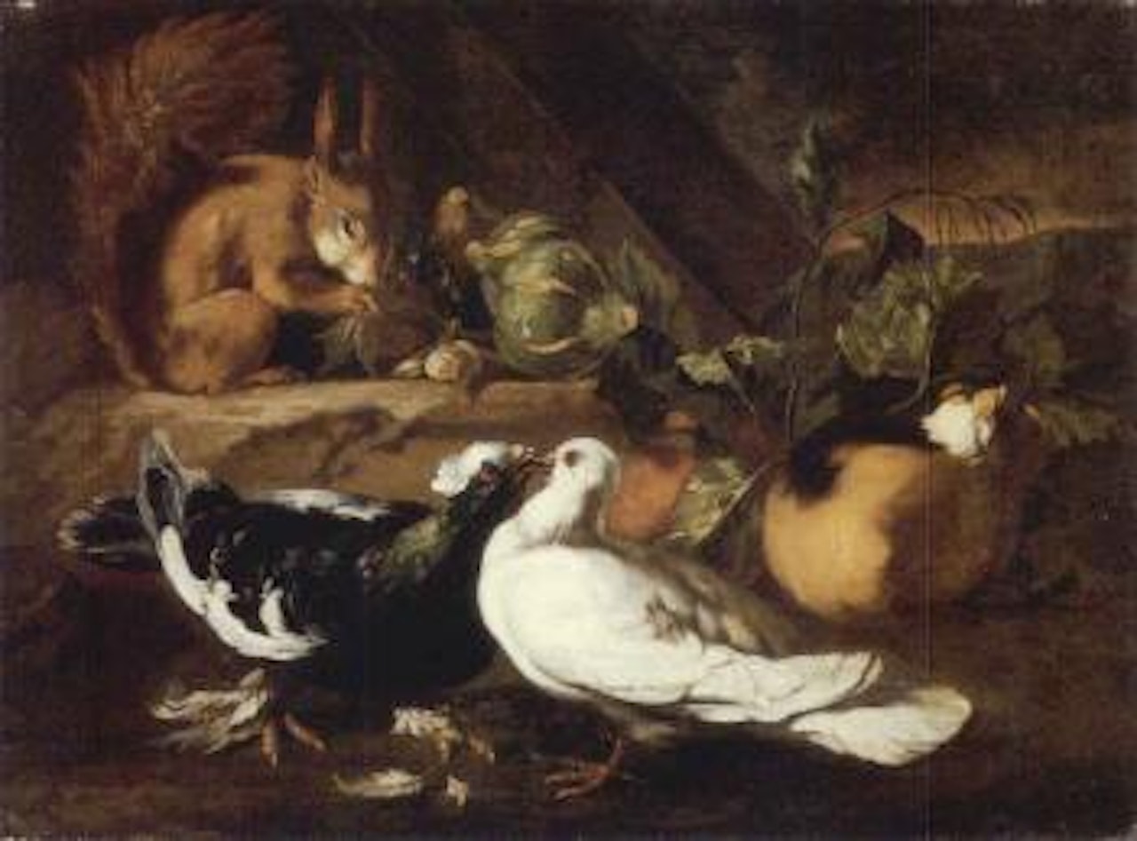 Two courting doves, squirrel and a guinea pig on a forest floor. Hen and chicks in landscape by Franz Werner von Tamm