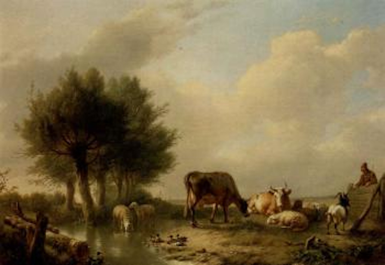 Overseeing the animals gathered by a stream by Eugène Joseph Verboeckhoven