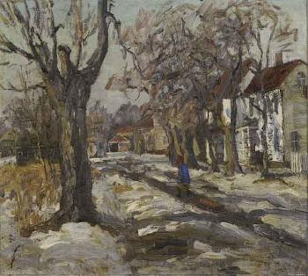 Winter street scene with child pulling a red sled by Edward Willis Redfield
