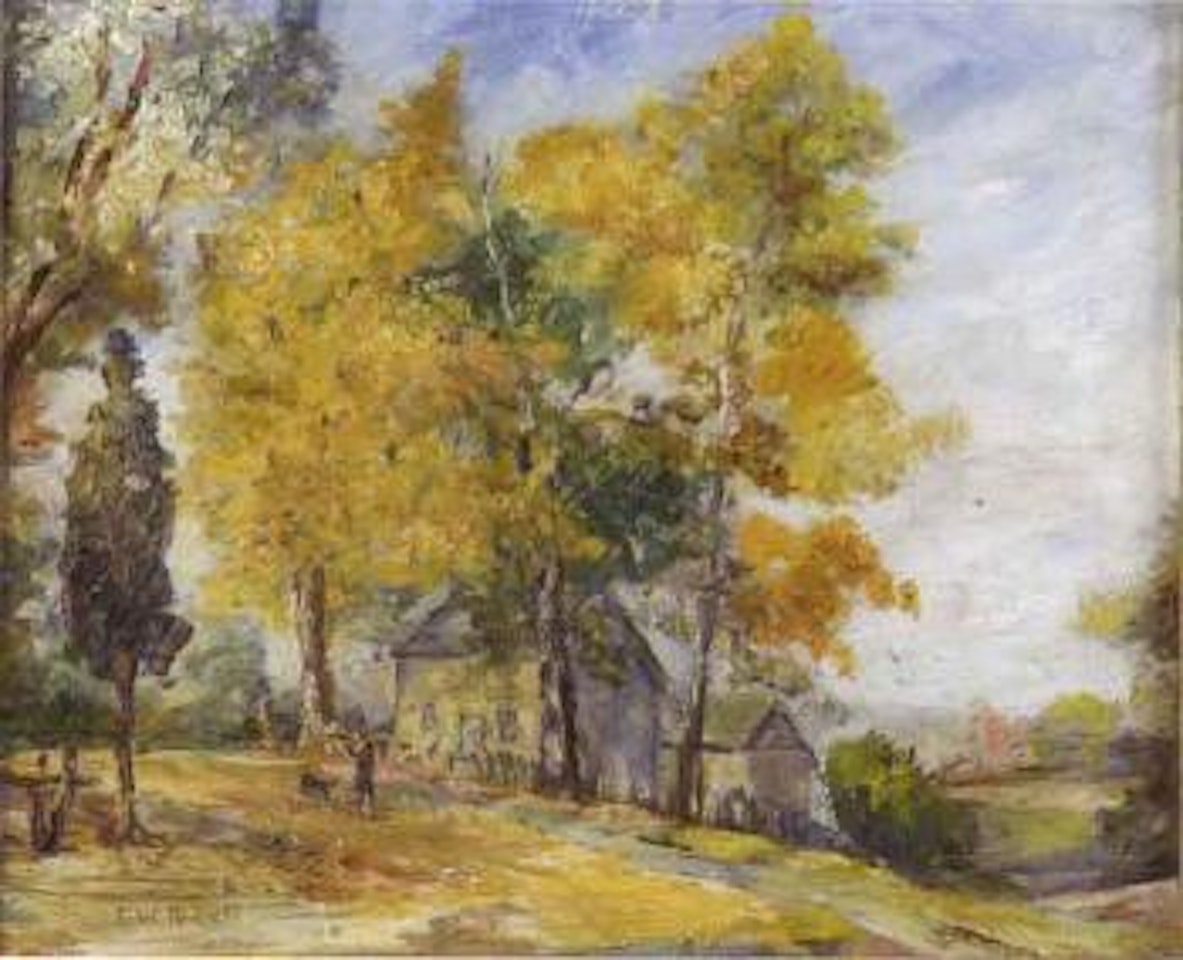 Autumn landscape with barn and figures on a road by Edward Willis Redfield