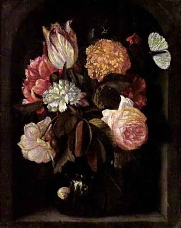 Still life with roses, tulip and other flowers in a glass vase, snail and butterfly in stone niche by Jan Pauwel Gillemans