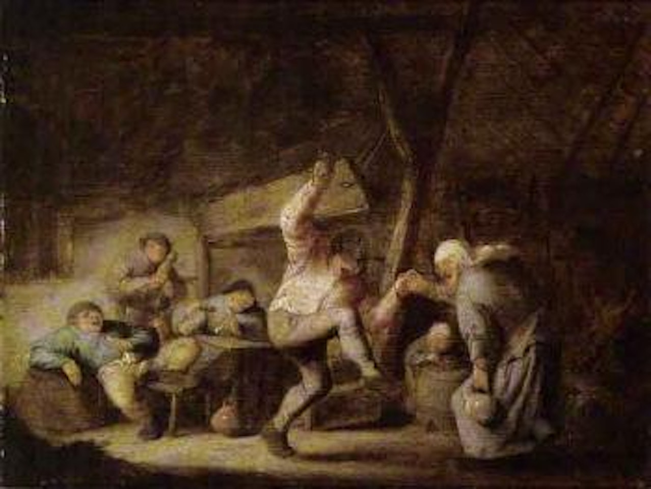 Peasants in an inn with a couple dancing to the music of a bagpipe by Adriaen van Ostade