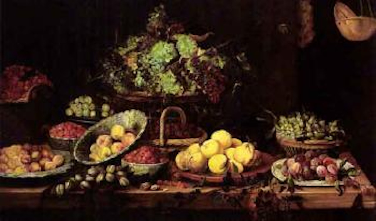 Extensive still life of fruit porcelain bowls all on a wooden table by Frans Snyders