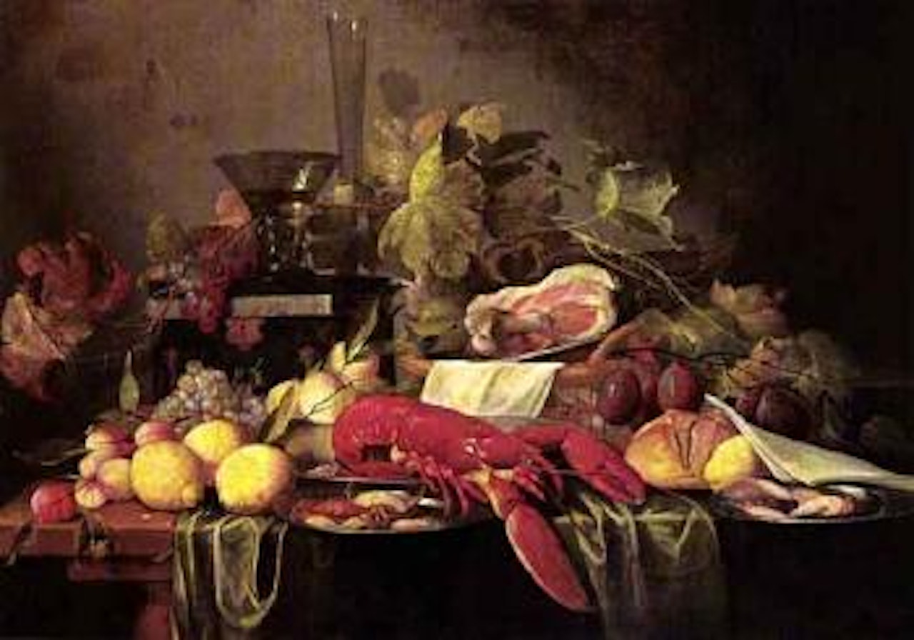 Still life with lobster, crabs and fruits on a draped green table cloth by Jan Davidsz de Heem