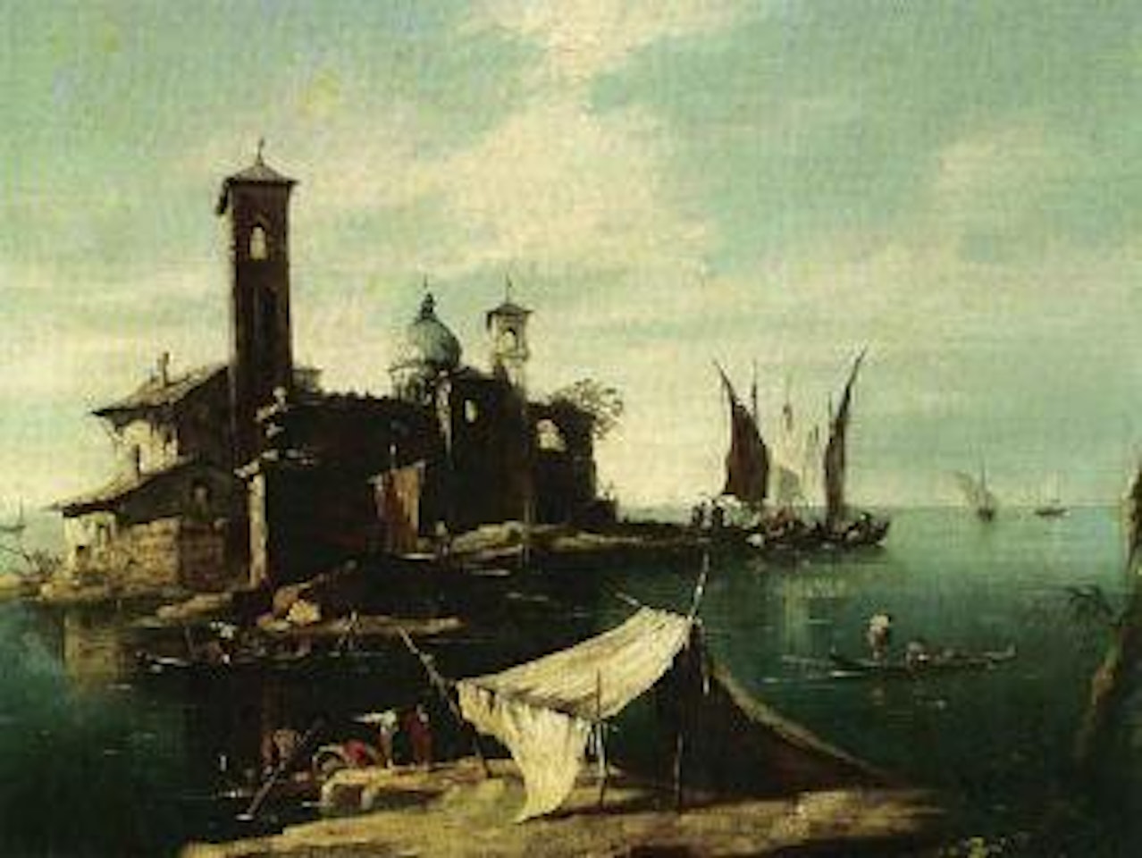 Capriccio of a Venetian lagoon with fishermen in Gondolas in the foreground by Francesco Guardi