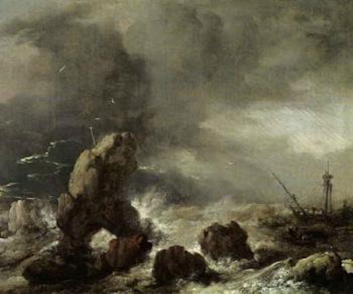 Ships foundering in stormy seas by Philips Wouwerman