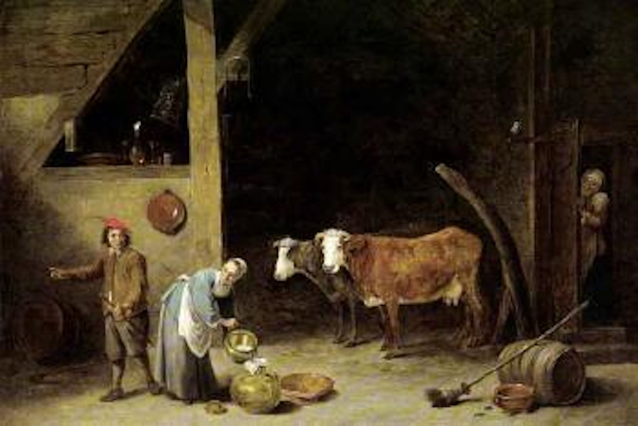 Barn interior with a peasant woman pouring milk into a jug and a peasant men nearby by David Teniers II