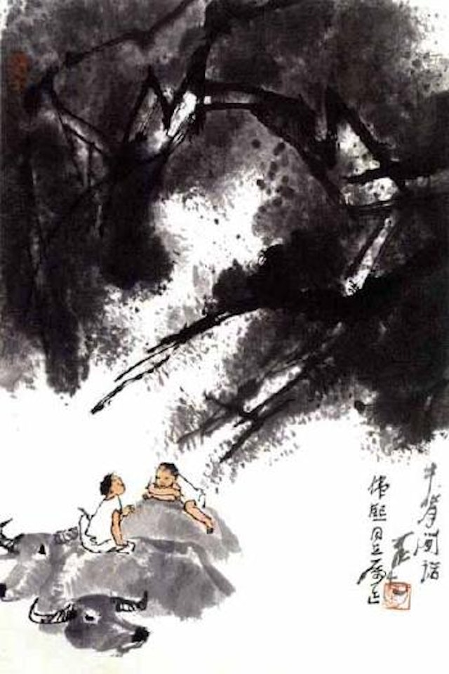 Chatting on the backs of buffaloes by Li Keran