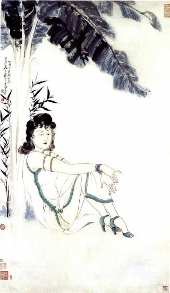 Mordern lady seated under the plantain by Zhang Daqian
