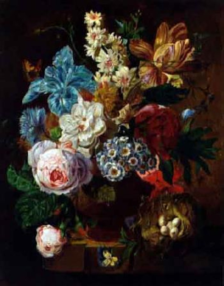 Flowers in a bowl with a bird's nest to the side by Frederick Victor Bailey