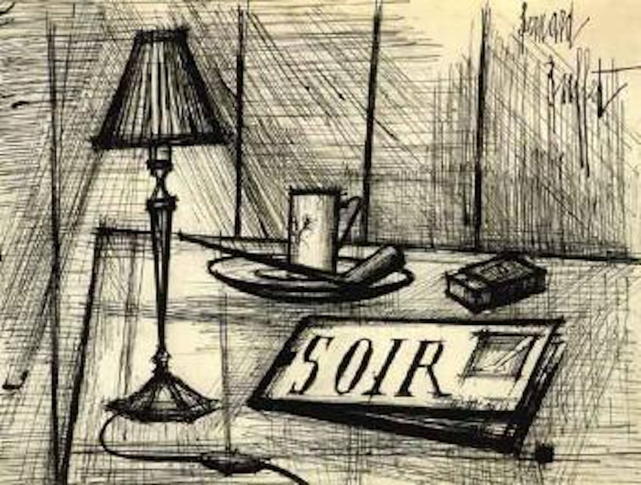 Tasse, pipe, boite d'allumettes, lampe de chevet et quotidien by Bernard Buffet