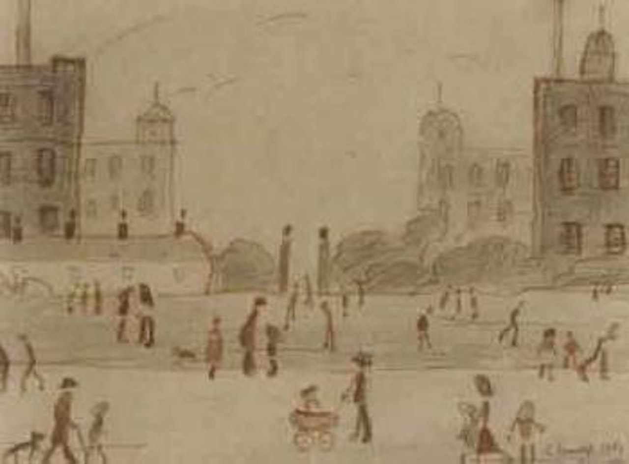 Mill scene with figures by Laurence Stephen Lowry