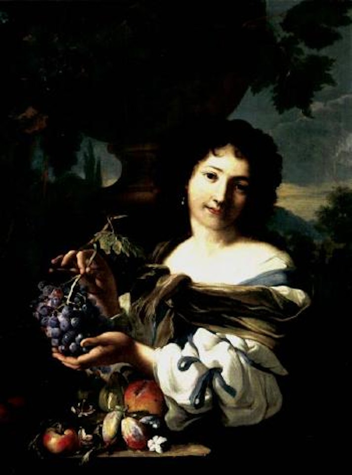 Young lady with fruit in landscape by Abraham Brueghel