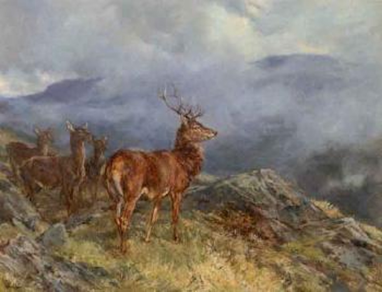 Stag and doe in a highland landscape by Heywood Hardy