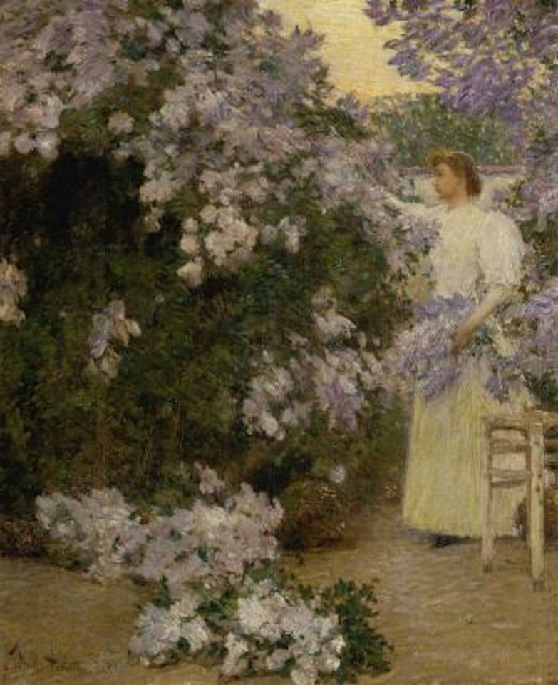 Mrs Hassam in the garden by Childe Hassam