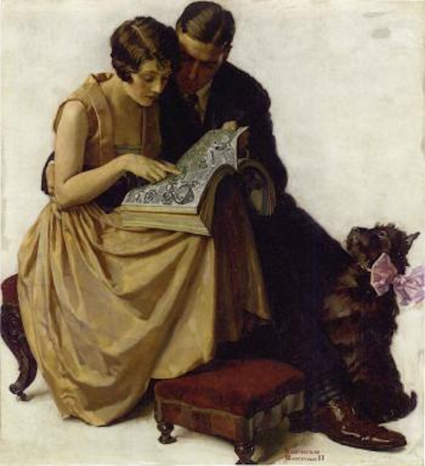 Young couple looking at catalogue by Norman Rockwell