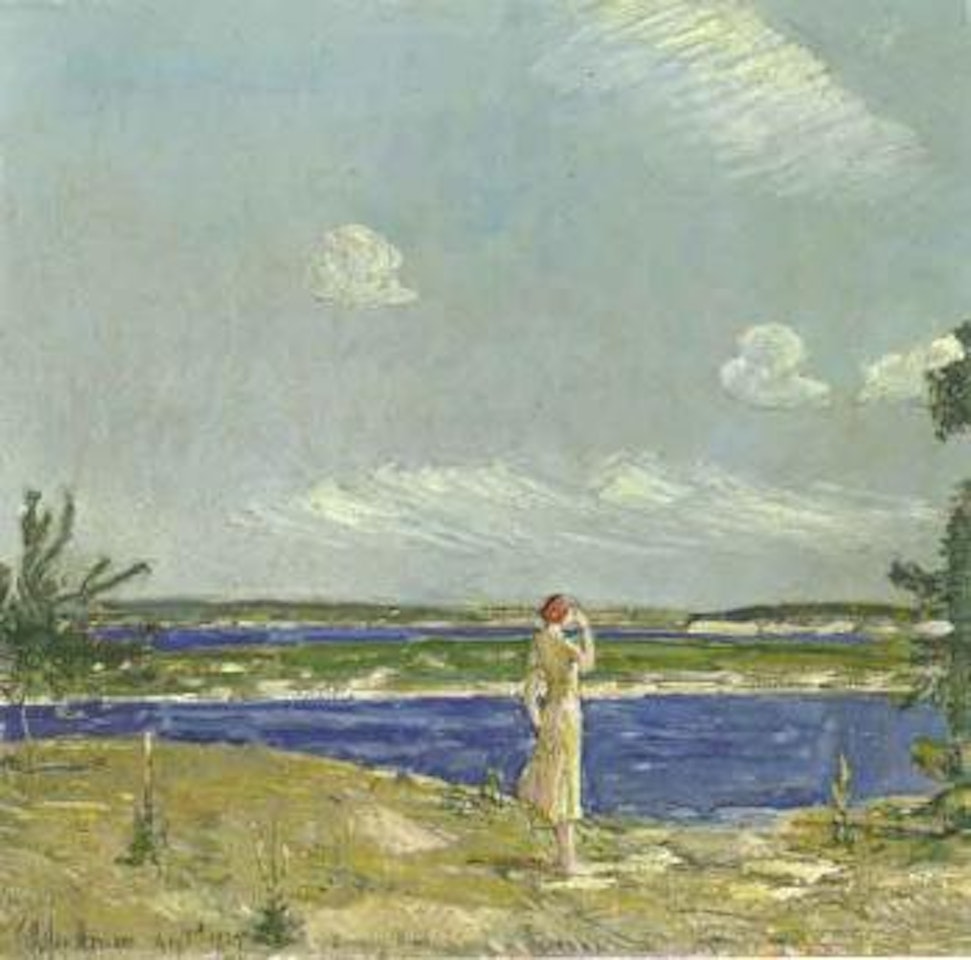 Woman looking at the sea by Childe Hassam