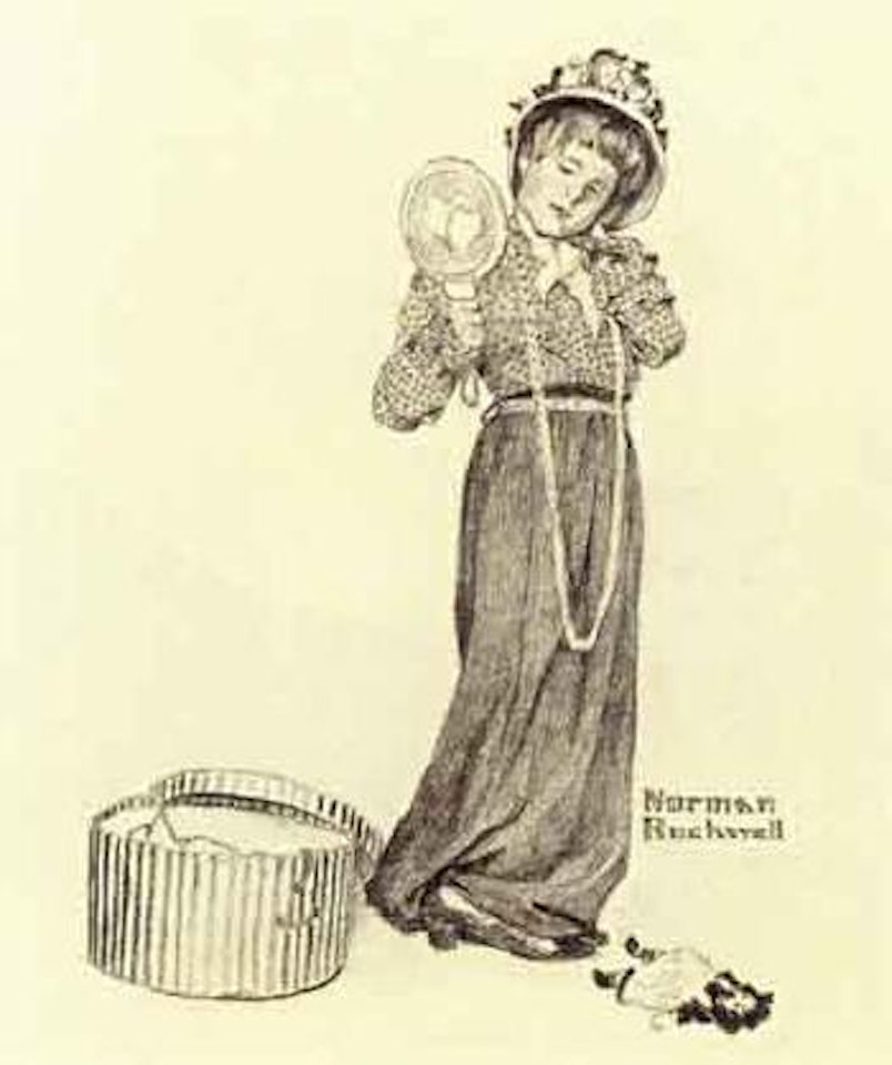 Girl dressing up in mother's clothes. Boy fishing by Norman Rockwell