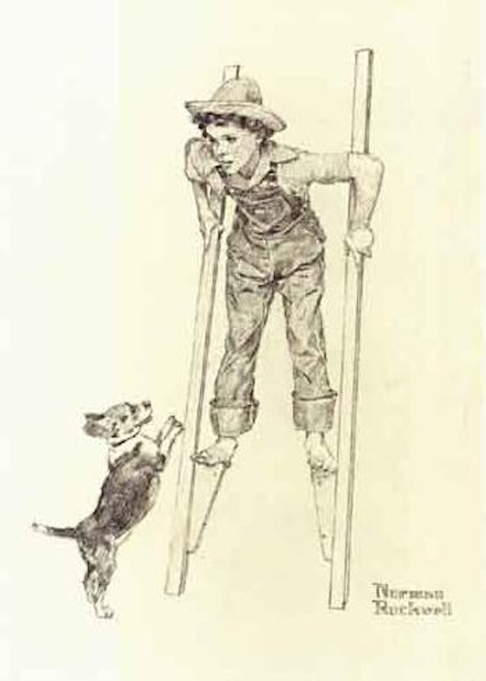 Boy walking on stilts. Girl playing doctor by Norman Rockwell