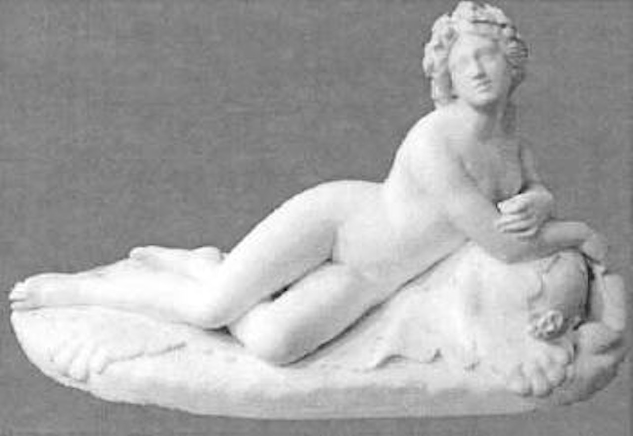 Reclining nude nymph with laurel wreath and amphora resting on bear skin rug by Italian School