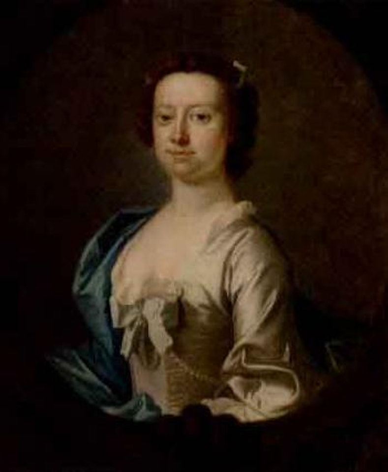 Portrait of a lady, half-length, in a white dress and blue wrap by Thomas Hudson