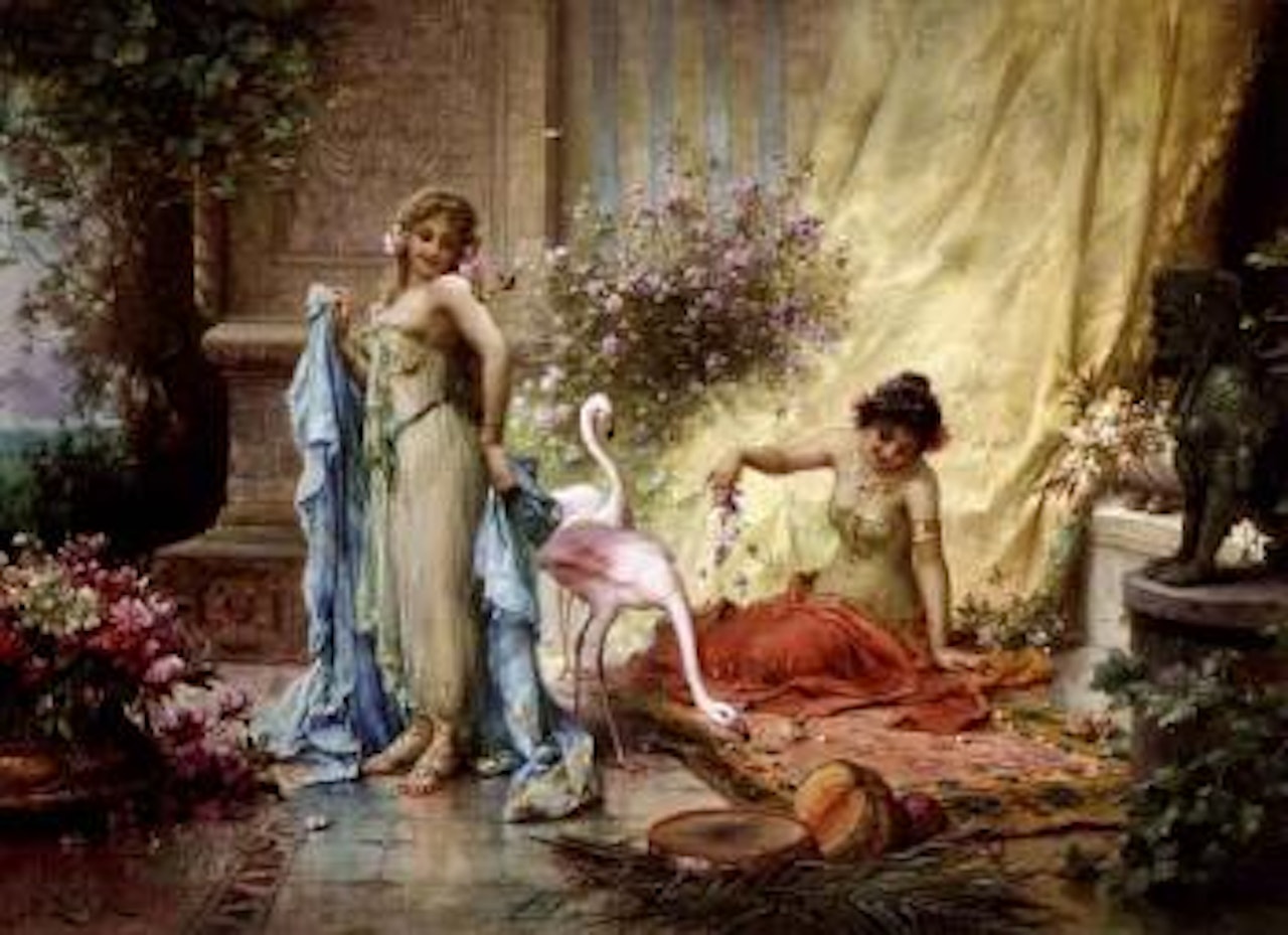 Beauties with pink flamingos by Hans Zatzka