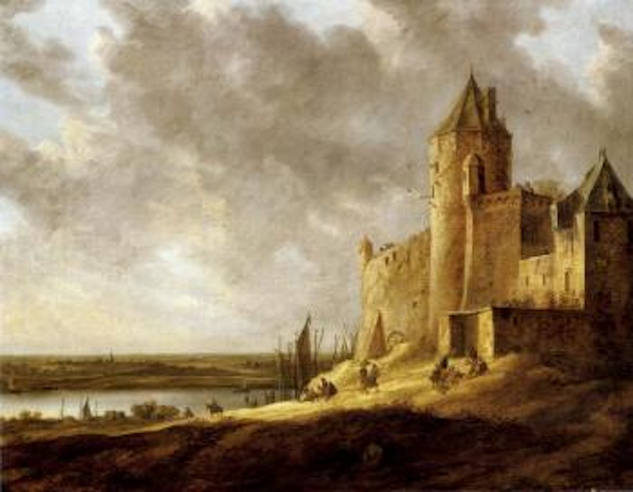Extensive river landscape with peasants by castle by Jan van Goyen