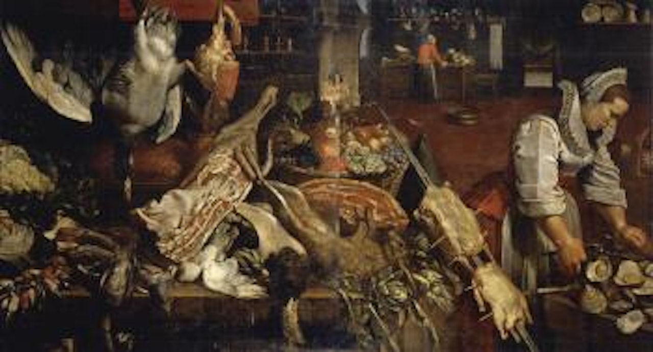 Kitchen still life with woman shucking oysters by Frans Snyders