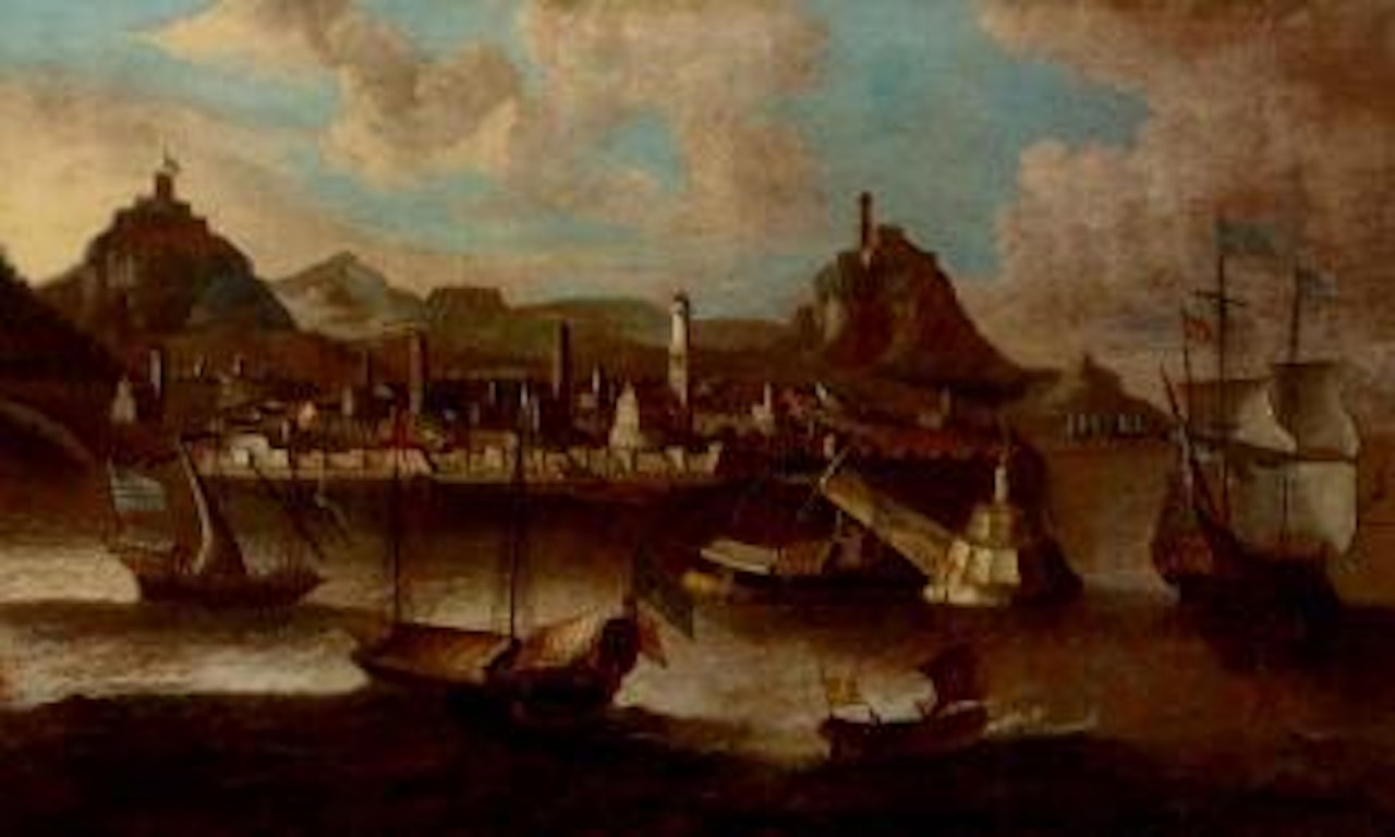 Mediterranean galesses and an English man-o-war off a fortified Levantine port by Pieter van de Velde