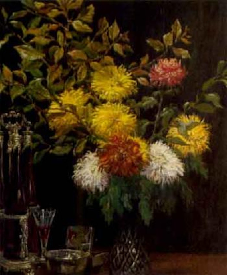Vase of Chrysanthemums alongside a decanter stand and a glass of liquer by Montague Dawson