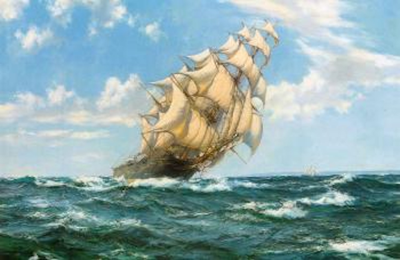Thundering along - landfall off the Lizard by Montague Dawson