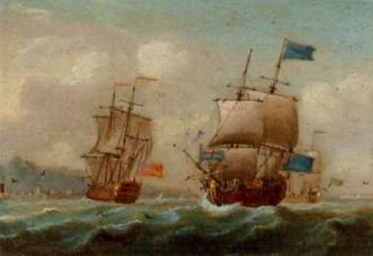 Warships of the fleet off the coast by Francis Swaine