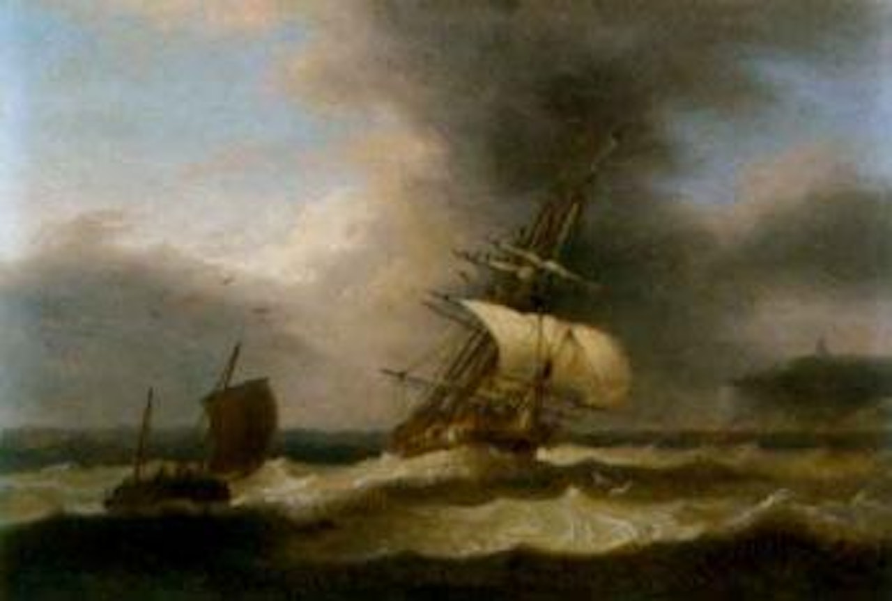 Merchantman reefed down in heavy seas running past a headland by Thomas Luny