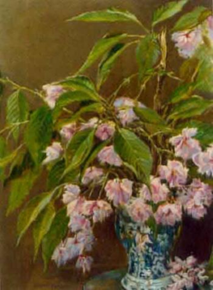 Prunus in a blue and white vase by Montague Dawson
