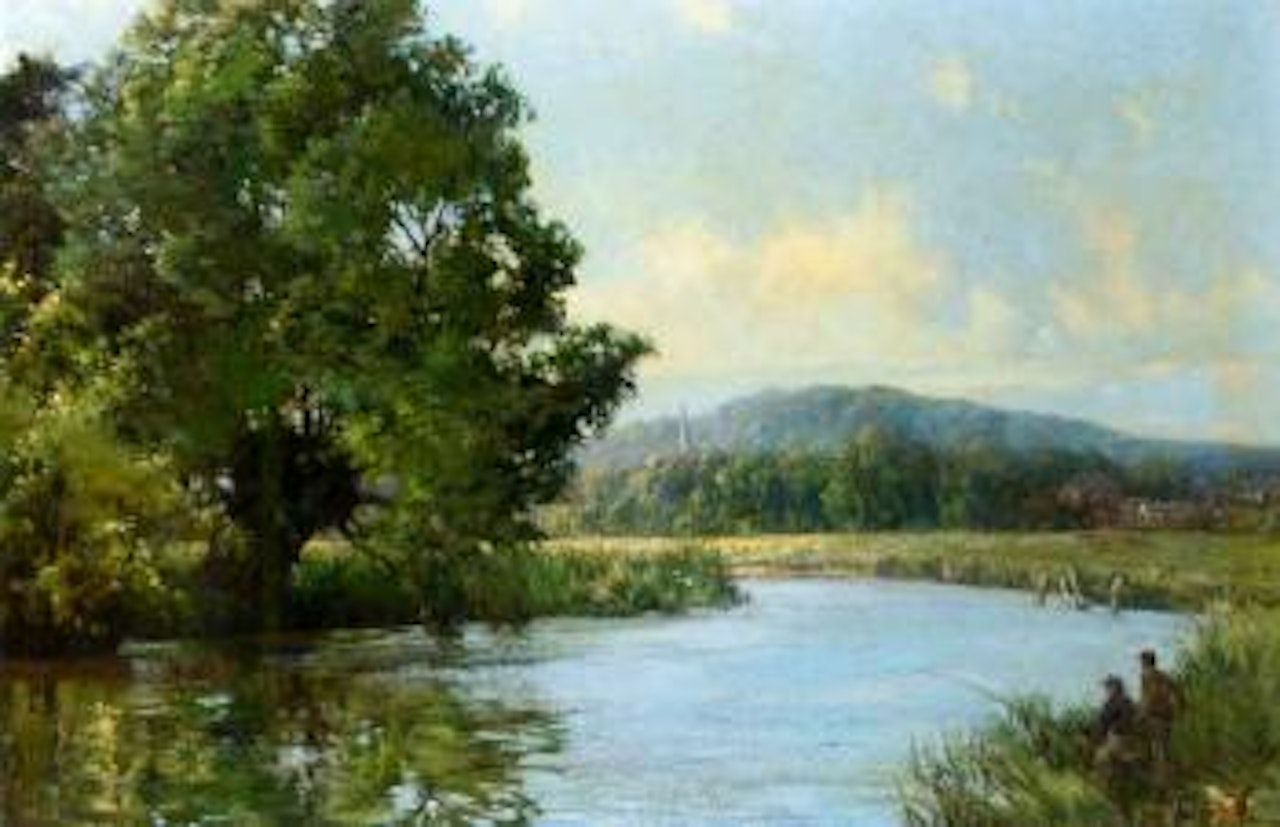 Anglers fishing on the river Wey with Godalming church in the distance by Montague Dawson