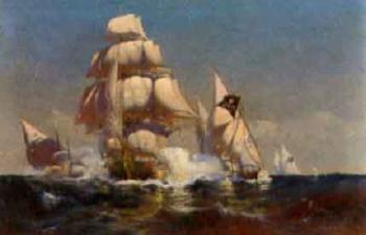 Warding off an attack by Mediterranean corsairs by Sydney Mortimer Laurence