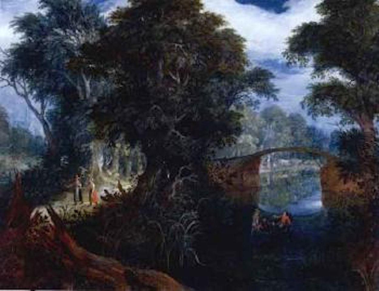 Wooded river landscape with travellers by Abraham Govaerts
