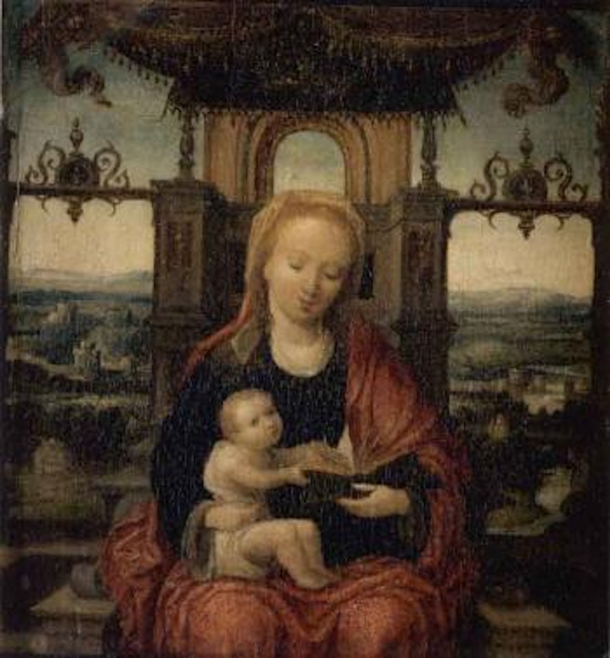 Madonna and Child enthroned with extensive river landscape beyond by Adriaen Isenbrandt