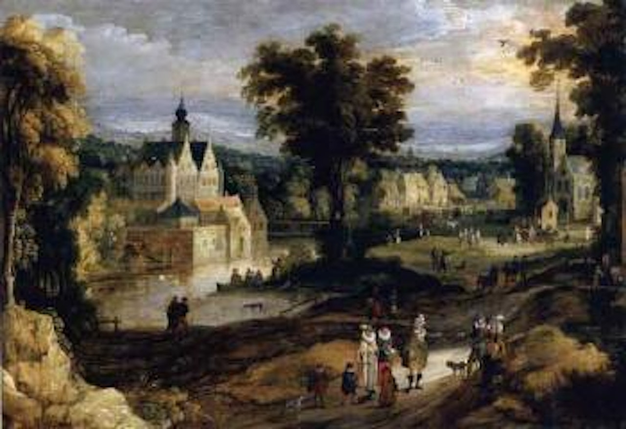 Landscape with castle on river and figures going about their daily activities by Joos de Momper the Younger