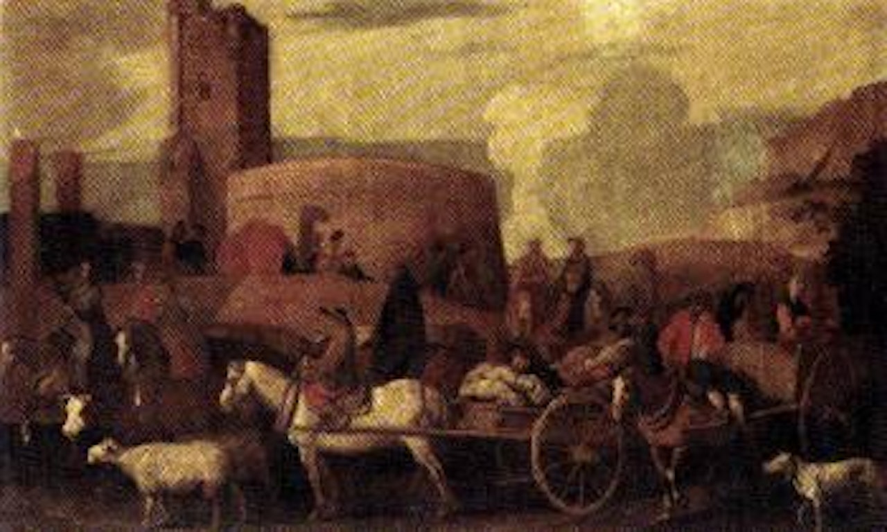 L with caravan crossing bridge by Cornelis de Wael