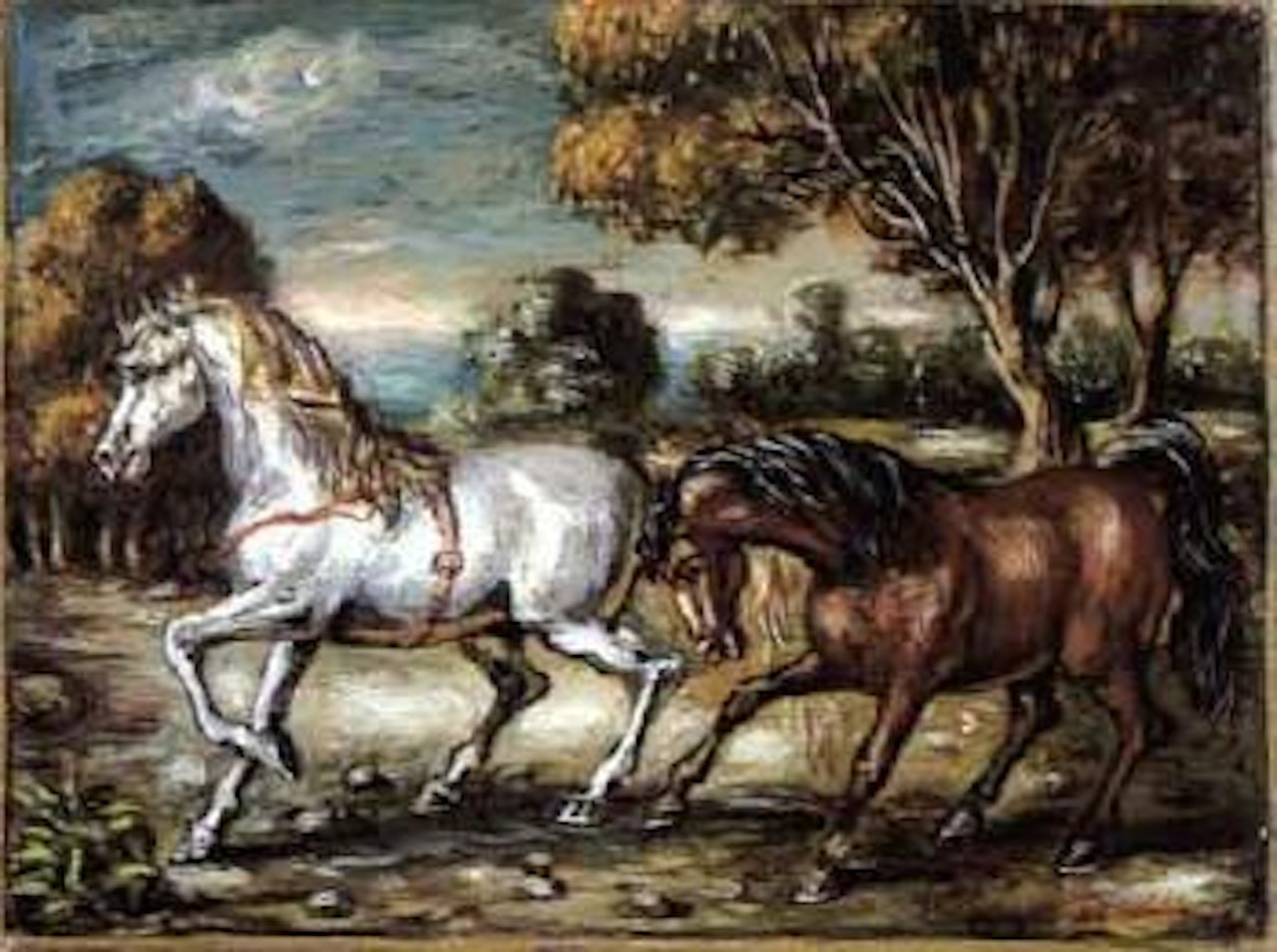 Two horses in landscape by Giorgio de Chirico
