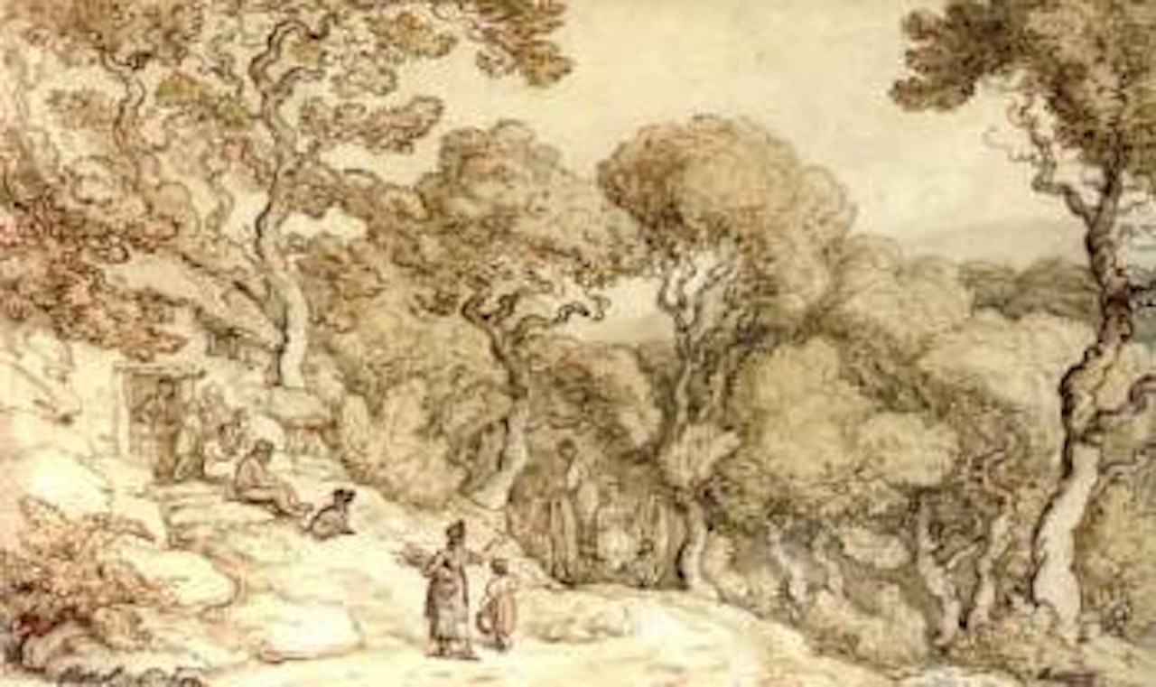 Cottagers beside a wooded road by Thomas Rowlandson