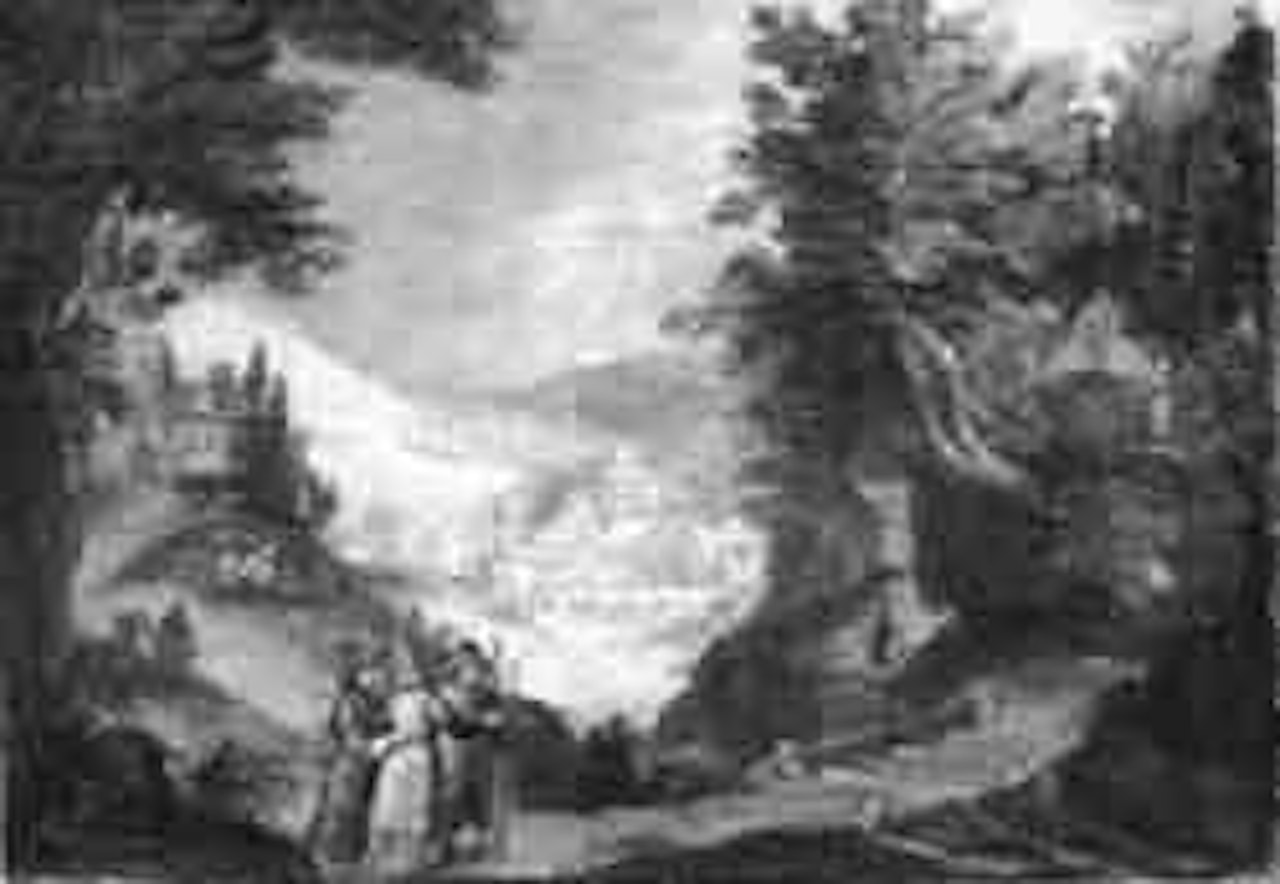 River landscape with buildings and Pilgrims in front of wooden bridge by Paul Bril
