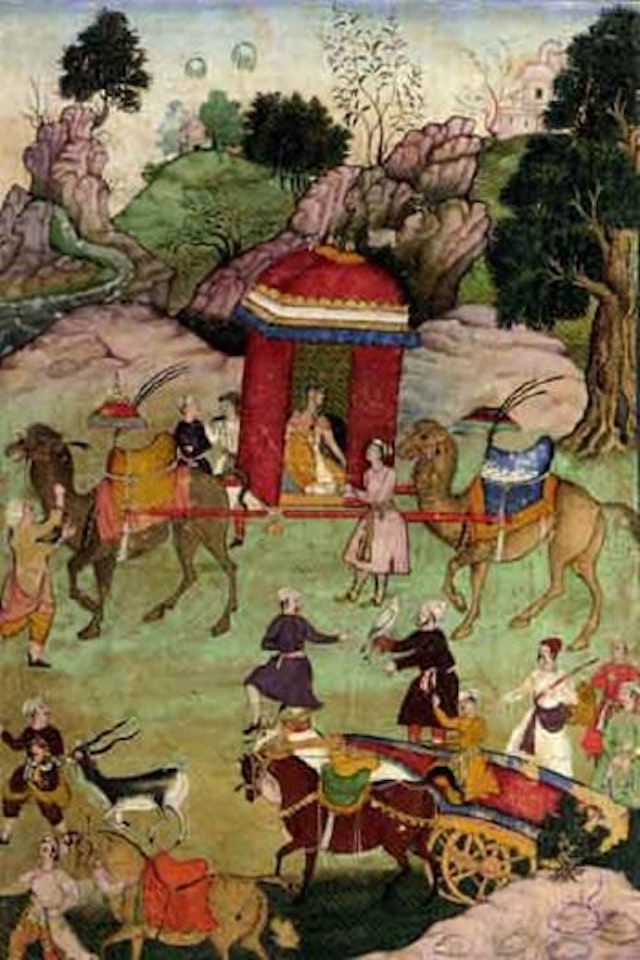 Princess travelling in palanquin. Ladies bringing offerings to a prophet by Mughal School