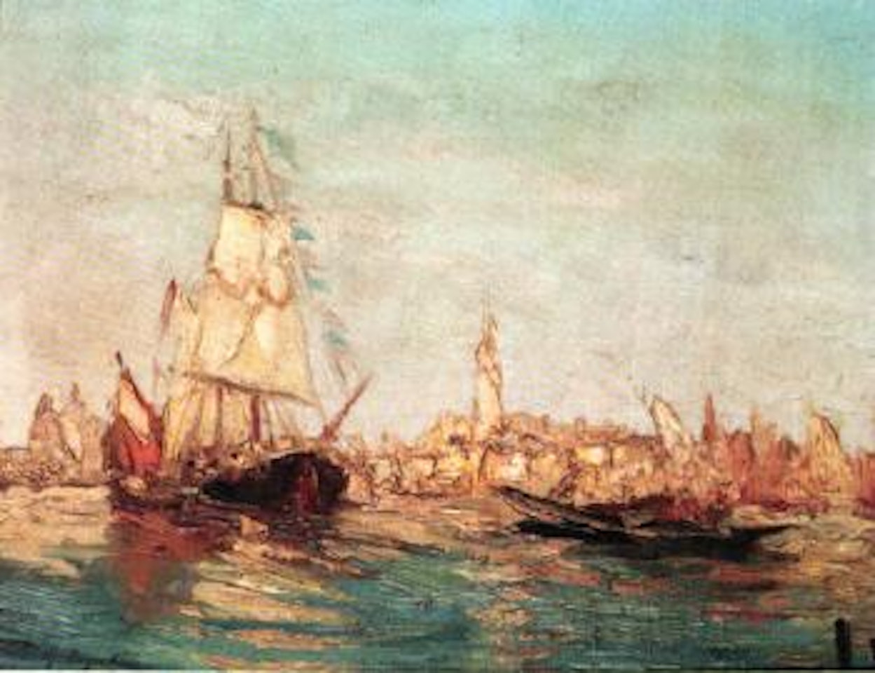 Boats on an Italian river by Georgij Aleksandrovic Lapschin